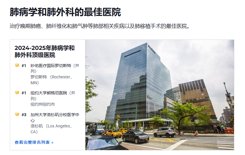 海外看病：美国最好的肺病科医院排名2025和预约